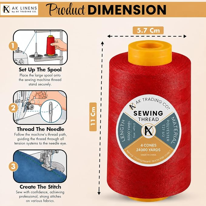 AK TRADING CO. 4-Pack Red All Purpose Sewing Thread Cones (6000 Yards Each) of High Tensile Polyester Thread Spools for Sewing, Quilting, Serger Machines, Overlock, Merrow & Hand Embroidery
