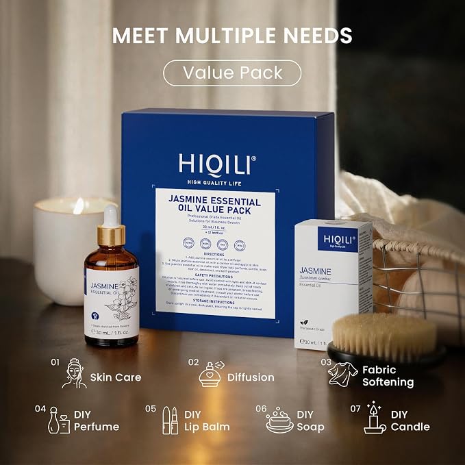 HIQILI Jasmine Essential Oil Set for Skincare, Diffuser & DIY Making