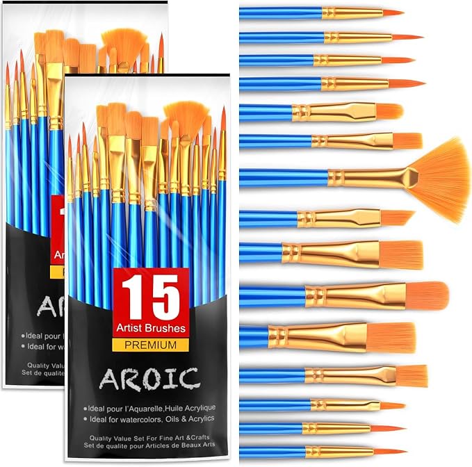 AROIC Acrylic Paint Brush Set, 30 pcs Nylon Hair Paint Brushes | All Purpose Oil Watercolor Face Body Rock Painting Artist, Small Paint Brush Kits for Kids Adult Drawing