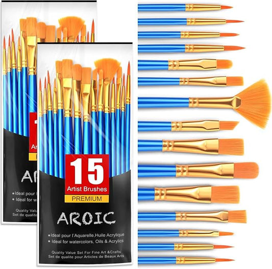 AROIC Acrylic Paint Brush Set, 30 pcs Nylon Hair Paint Brushes | All Purpose Oil Watercolor Face Body Rock Painting Artist, Small Paint Brush Kits for Kids Adult Drawing