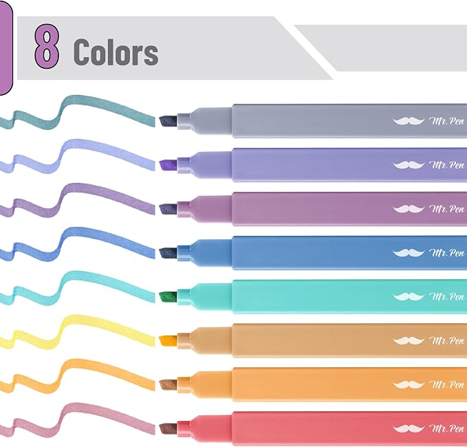 Mr. Pen- Aesthetic Highlighters No Bleed, 8 Pack, Assorted Colors | Chisel Tip, Cute Highlighters Assorted Colors for Journaling, Highlighting, Underlining, Fast Dry, Back to School Supplies