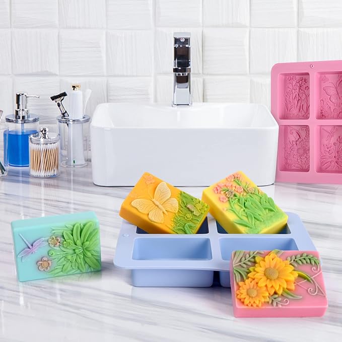 Soap Mold Silicone, 3D Rectangular Insect Flower Silicone Mold | 3D Rectangular Insect Flower Silicone Mold for Handmade Craft Soap Bath Bombs Chocolate Bars DIY Candles Polymer Clay Design