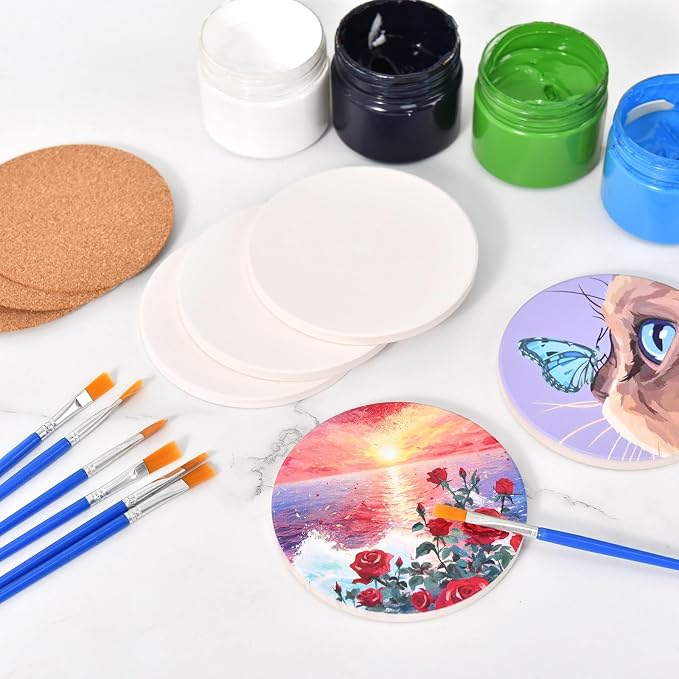 24 Pcs Round Ceramic Tiles for Crafts 4x4 White Ceramic Coasters for Crafts with Cork Backing Pads Blank Unglazed Tiles for Painting, Alcohol Ink, Acrylic Pouring, DIY Coaster