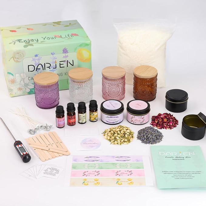 DARJEN Candle Making Kit for Adults, 8 Jars & Tins Soy Wax Scented DIY Set | 100% Soy Wax, 10oz Glass Jars, 4oz Tins, Cotton Wicks, Pleasant Scents, Instruction& More- Perfect as Home Decorations