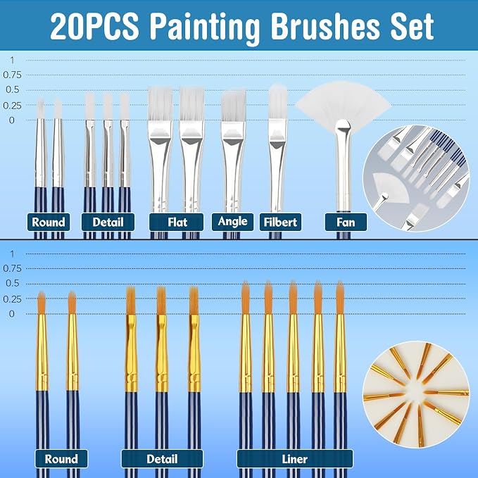 Halobios Paint Brushes Set, 20PCS Painting Brushes Different Types of Brushes for Acrylic Paint, Watercolor, Oil, Paint Brushes Bulk for Nail, Face Art, Craft, Rock Painting and School Project