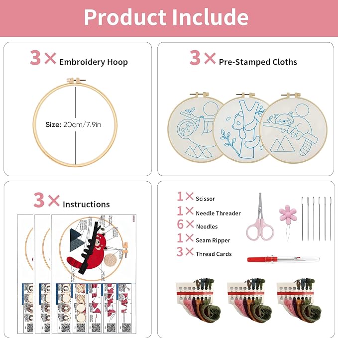 3 Packs Embroidery Kit for Adults, Embroidery for Beginners (Animal-2)