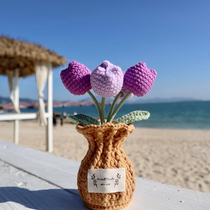 Tulip Crochet Flower Potted Plant Handmade Desk Decor Gift