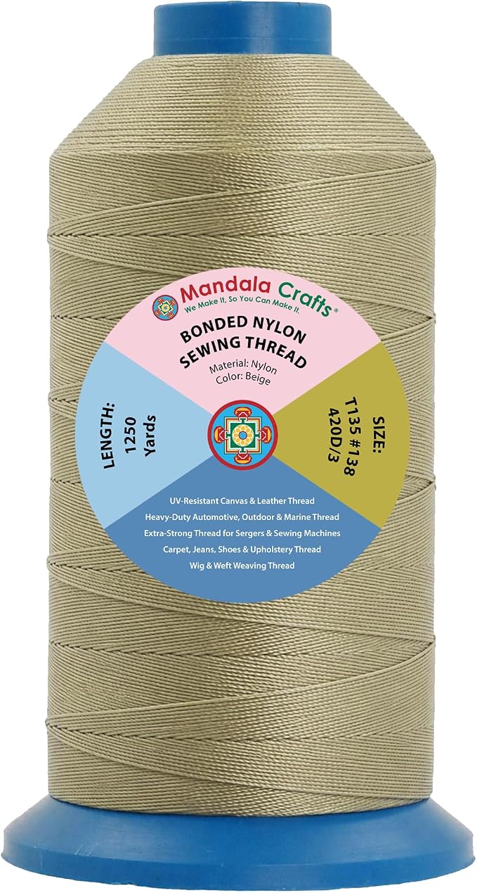 Mandala Crafts Size 138 420D T135 Beige Bonded Nylon Thread, 1250 YDs