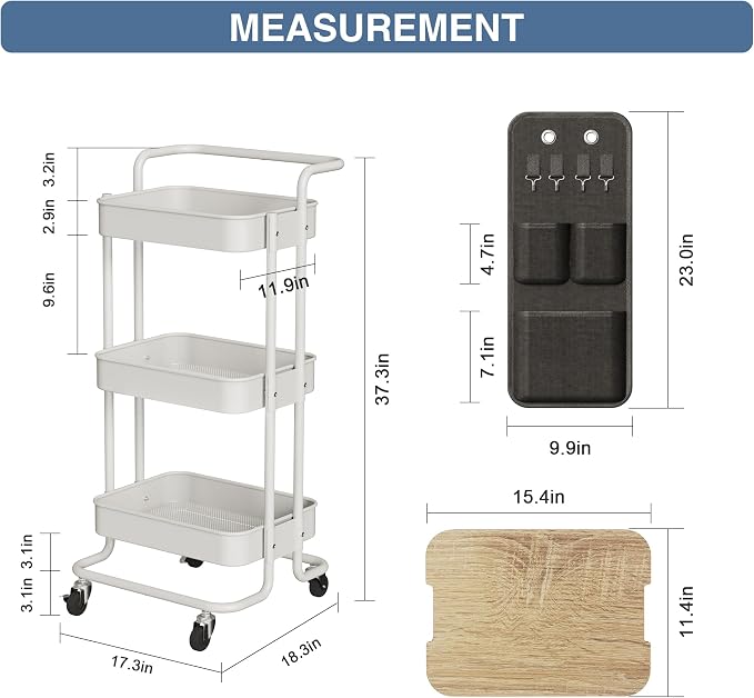 DTK 3-Tier Rolling Cart with Table Top, Metal Utility Cart with Side Bags