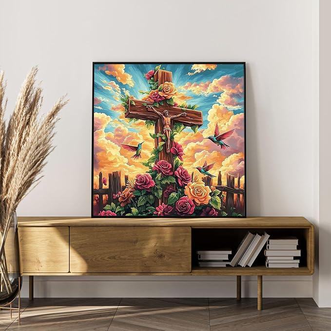 Paint by Numbers Kit for Adults, Christian Cross & Roses Design, 16x16 Inch