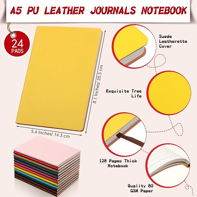 PerKoop 24 Pcs A5 PU Leather Notebooks for Back to School,Bright Color