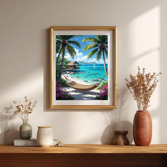Gemozaic Beach Paint by Numbers Kit for Adults, 16 x 20 Inch, No Frame | Tropical Landscape Paint by Number for Adult, Seaside Palm Trees DIY Acrylic Oil Numbers Painting for Home, Wall Decor, Gift
