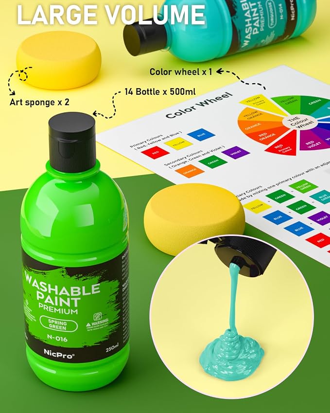 Nicpro 24 Colors Large Washable Paint Set for Kid (8.45oz), Acrylic Bulk | Paint Supplies Non Toxic Tempera Paint for Art, Craft DIY, Poster & Finger Paint, School, Home, Teacher Classroom Must Haves