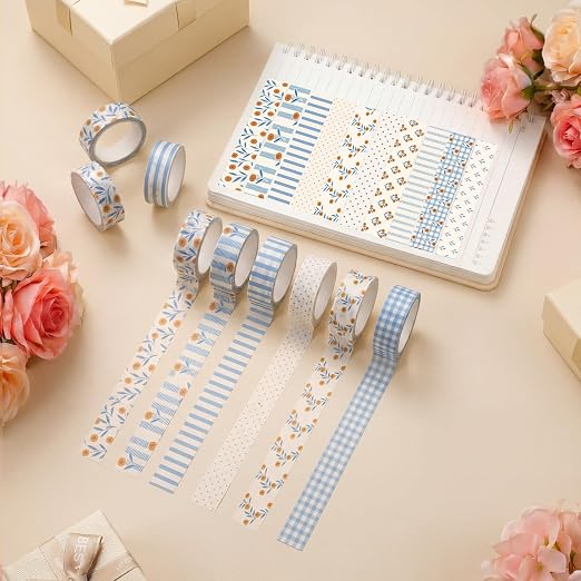 12 Rolls Floral Washi Tape Set,Beige and Blue,Floral Plaid | Watercolor Flowers Design for Scrapbook Journal DIY Craft School Supplies, 15 mm Vintage Decorative Masking Washi Tapes