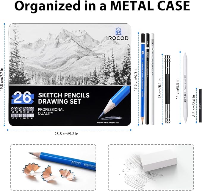 Sketch Pencils for Kids and Adults Drawing, 26-Piece Profession Sketching Pencils, Drawing Pencil for Artists Beginner Sketching, Art Graphite Pencil 6B to 4H