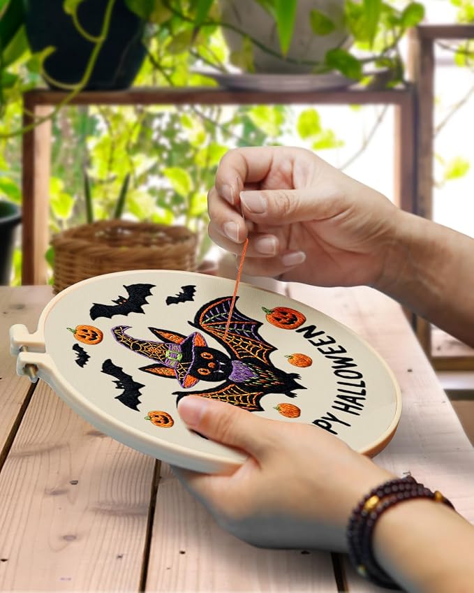 TINDTOP Halloween Embroidery Kit for Adult, 3 Pack Embroidery DIY Starter Kit, with Stamped Patterns, Hoop, Tools, Colorful Threads with Needles, Instructions