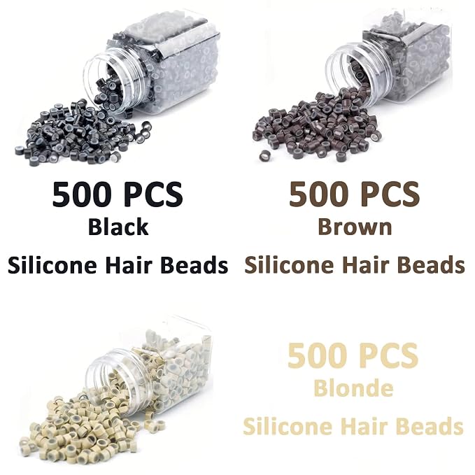 1500 Silicone Lined Beads for Hair Extensions,3 Colors 5mm Rings
