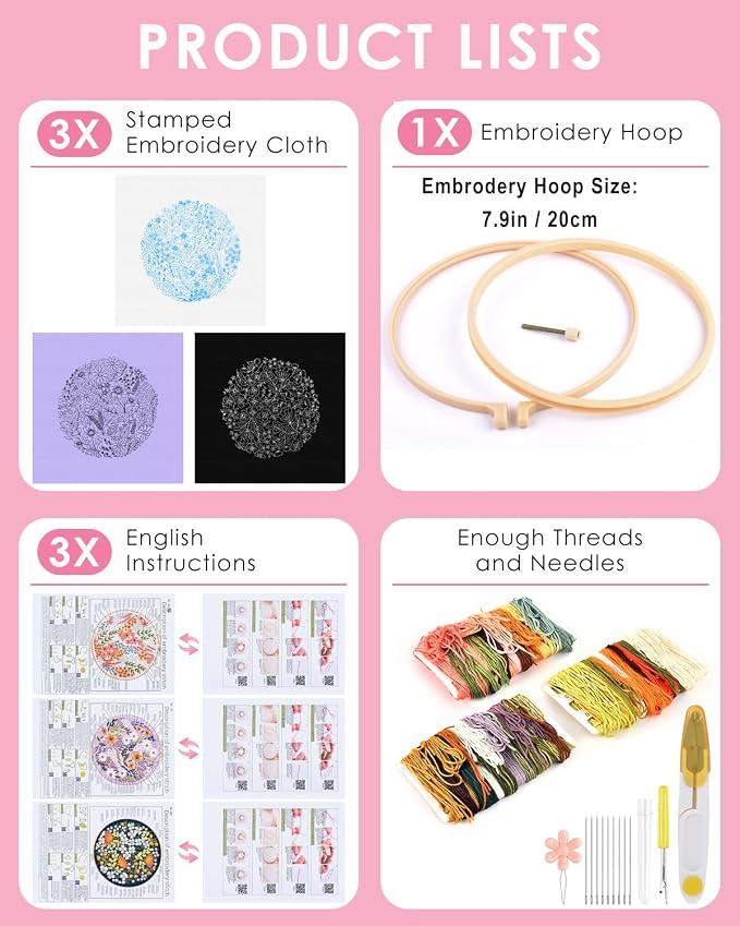 TINDTOP Embroidery Kit for Adult, 3 Pack Embroidery DIY Starter Kit, with Stamped Patterns, Hoop, Tools, Colorful Threads with Needles, Instructions (Bouquet) | with Stamped Patterns, Hoop, Tools, Colorful Threads with Needles, Instructions (Bouquet)
