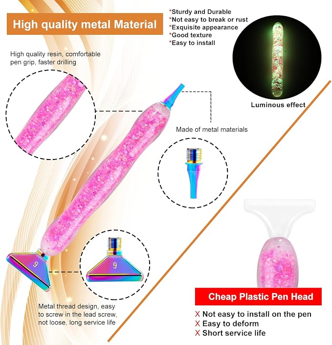 Snewvie Diamond Painting Pen Accessories Tools Set,1PCS Luminous Diamond Art Pen and 6Pcs Colorful Metal Screw Thread Multi Placer Tips