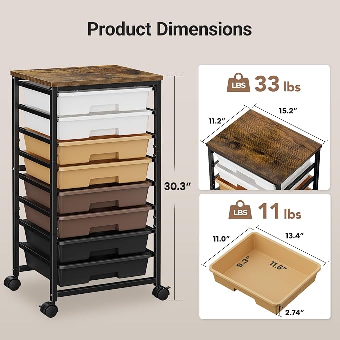Pipishell Rolling Cart with 5 Drawers, Craft Storage Cart, Khaki Gradient