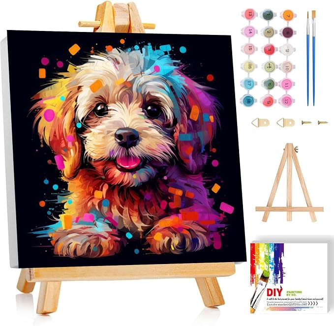 cviokrdu Dog Paint by Numbers Kit for Kids with Frame - Wooden Easel, Animals Paint by Numbers for Kids Ages 4 8 12, Easy Acrylic Oil Painting Kits for Home Wall Decoration 8x8 inch