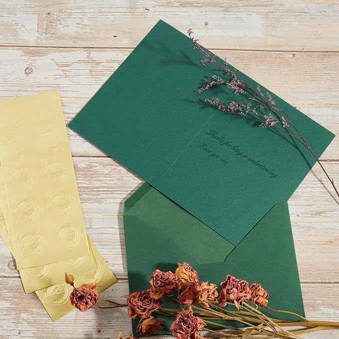 50 Pack Dark Green A7 Envelopes with Cards and Gold Stickers, 5x7