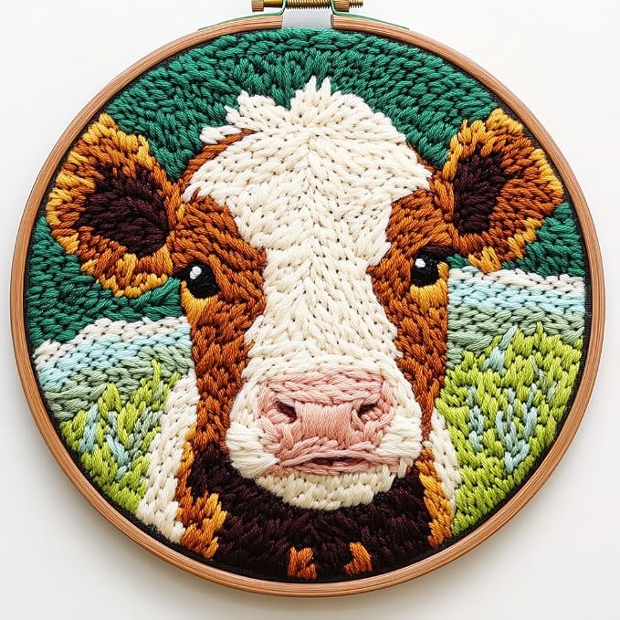 DIY Punch Needle Kits Jersey Cow with Hoop 20x20cm-4 | with Pattern Stamped Easy for Beginners Embroidery Punch Needle Starter Craft Set for Adults Festival Gift and Decoration
