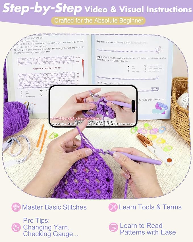 Arborthread Crochet Kit for Beginners, Easy All-Season Pocket Shawl & Scarf Crochet Kit for Adults w/Ample Premium Yarn to Fit Different Sizes, Step-by-Step Video & Instructions, Pureple