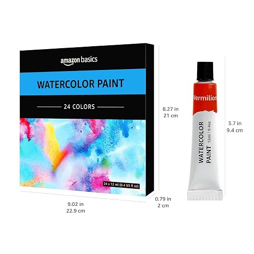 Amazon Basics Vibrant Watercolor Paint Set Tubes, 24 Assorted Colors, 0.4oz, Easy to Mix and Use