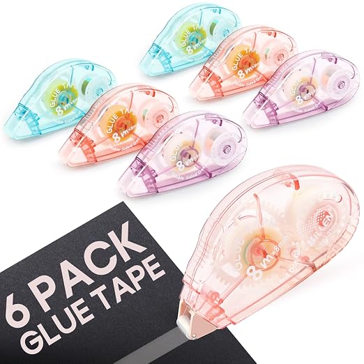 6 Pack Double Sided Tape Roller, Double Sided Adhesive Scrapbook Tape for Scrapbooking Crafts, Glue Tape for Journaling, Gift Wrapping, Photo Albums, Office Supplies, Scrapbook Supplies
