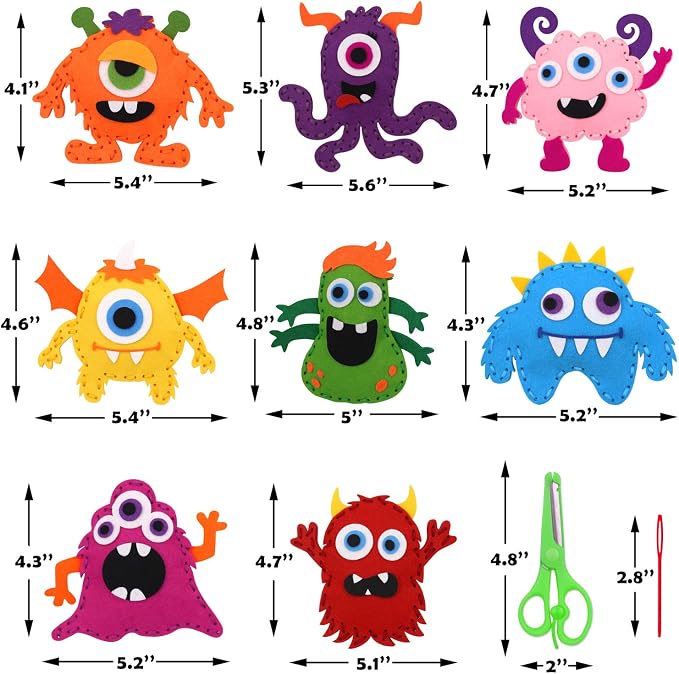 CiyvoLyeen Kids Sewing Kit Crafts – Little Monsters Felt Plush DIY Craft Adopt A Monster Educational Sewing Set for Kids Beginner Craft Kit Set of 8