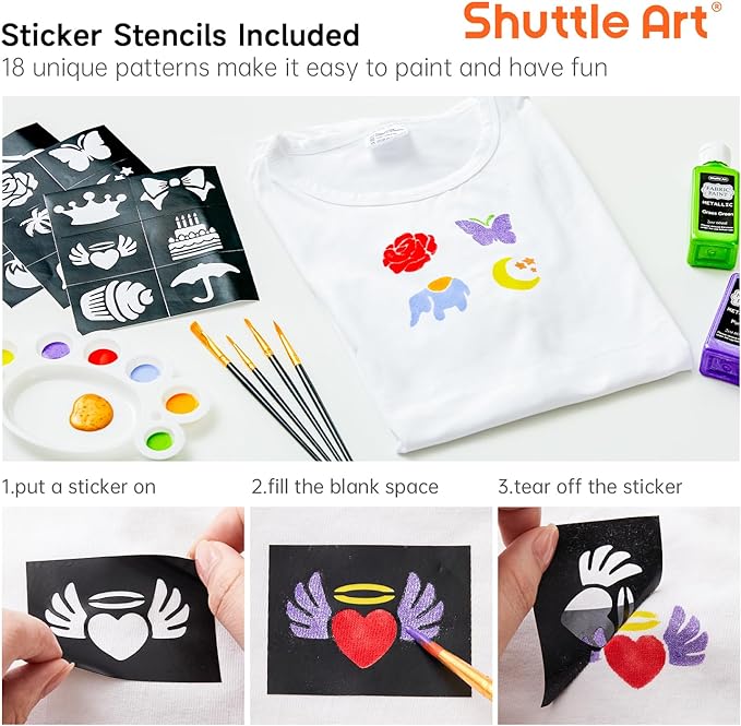 Fabric Paint, Shuttle Art 30 Colors Permanent Soft Fabric Paint in Bottles (60ml/2oz) with Brushes, Palette, Stencils, Non-Toxic Textile Paint for T-shirts, Shoes, Jeans, Bags, DIY Projects&Art Crafts