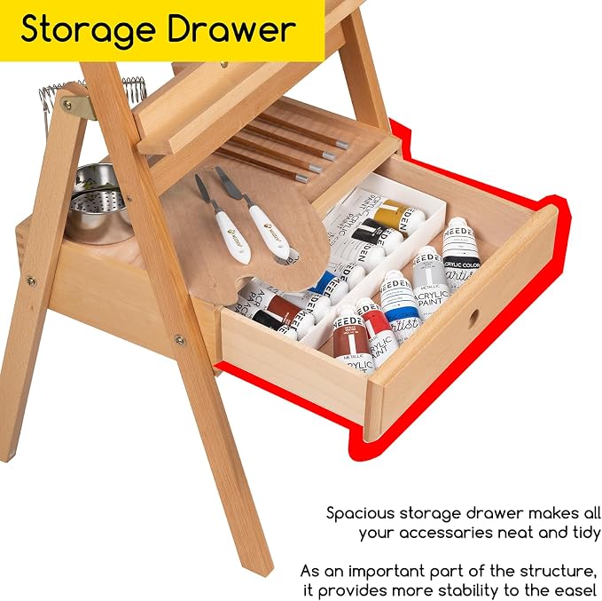MEEDEN Painting Easel with Storage Drawer, Studio H-Frame Easel- Adjustable (60"~75") Solid Beech Wood Easel Stand for Painting for Adults, Holds Canvas Art up to 35",Natural