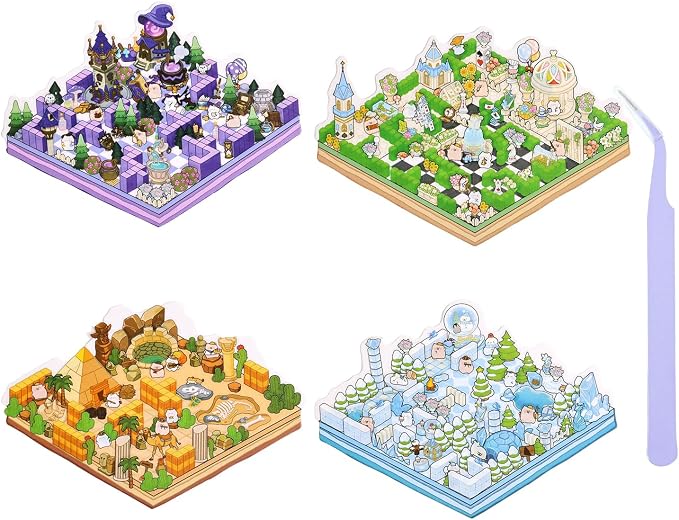 Girls 3D Miniature Scene Stickers,4 Sets Fantasy Maze DIY House Stickers for Alice's Garden, Magic Garden, Desert Adventure, Snow Maze, 3D Sticker Scenes for Adult Kids Relief Stress Pass The Time