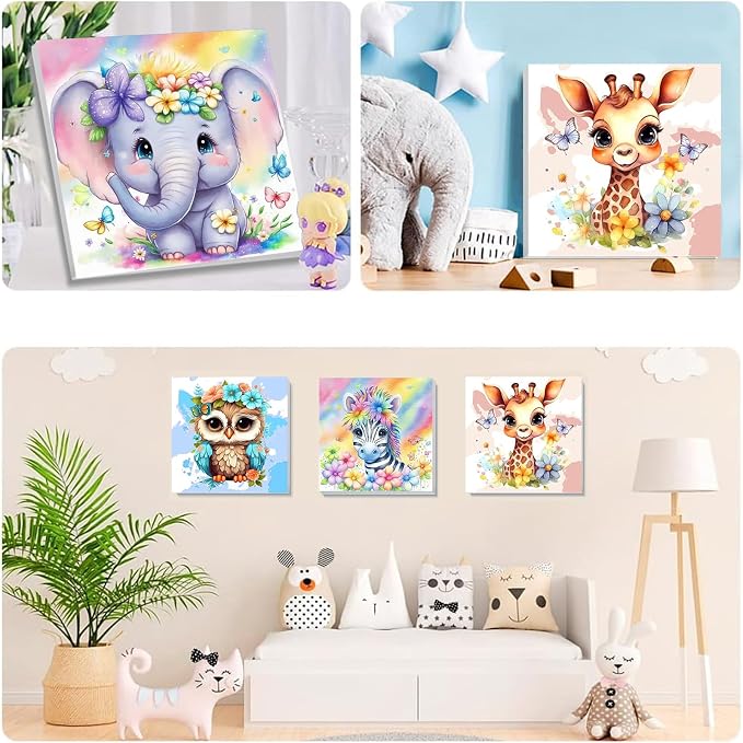 4 Pack Animal Paint by Number for Kids with Wooden Frame - Wooden Easel | Paint by Numbers for Kids Ages 4-8-12, Easy Elephant Owl Giraffe Zebra DIY Oil Painting Kits for Home Wall Decor (8X8 inch)
