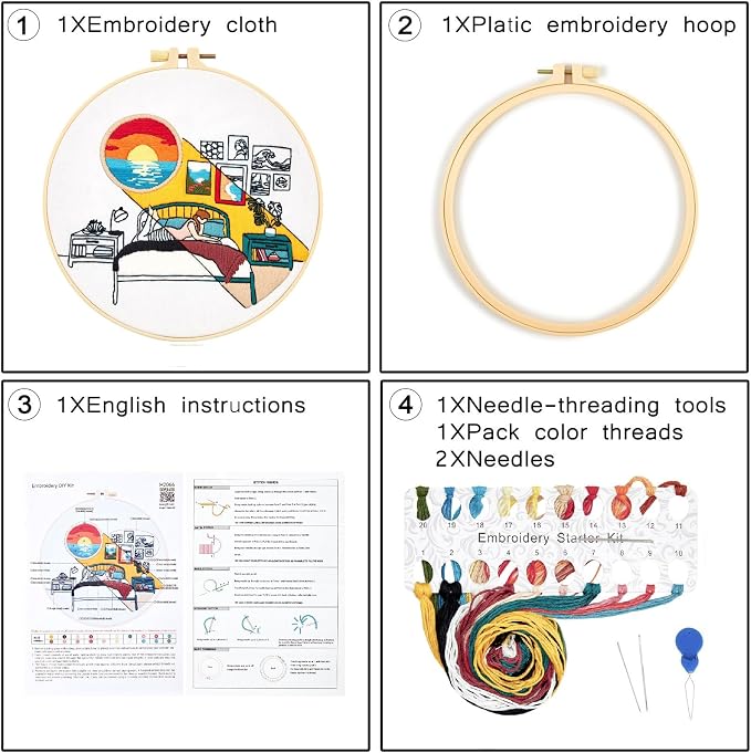 Embroidery Kits for Beginners Adults Sunrise Hand Embroidery Starter Kits, Cross Stitch Kits for Beginners DIY Craft Kits for Adults Women, Entire Set of Embroidery Supplies Full-length Video Tutorial