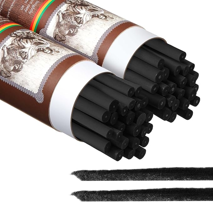 Gueevin 50 Pcs Soft Willow Charcoal Sticks Drawing,7-9mm | For Artists Beginners Students, Vine Charcoal Bulk for Sketching Shading Fine Art, Assorted Sizes, Back to School Gifts