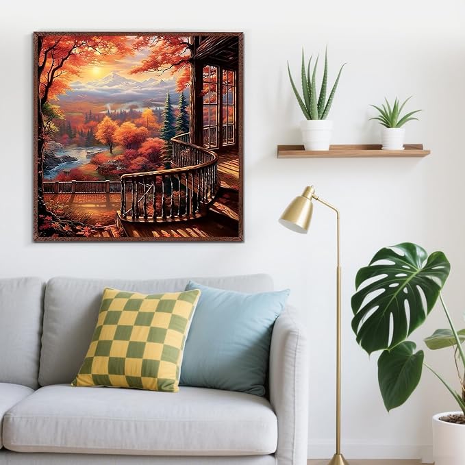 LKHMVCA Fall Forest Sunrise Mountain Paint by Numbers Kit for Adults, DIY Paint by Numbers Kits for Adults Beginners Without Frame, Acrylic Paint Canvas Painting Kits Art for Home Decor 16x16 Inch