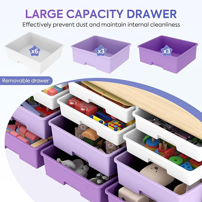 TOOLF 12 Drawers Storage Cabinet with Wooden Top and Plastic Bins,Purple | Toy Shelf Storage Chest Cubby Organizer, for Home, Office, Playroom, Classroom & Craft Room