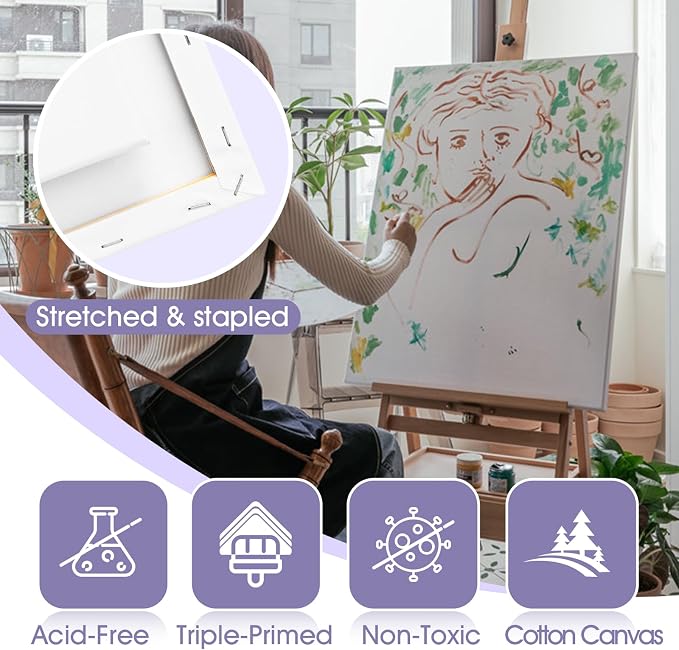 ESRICH Stretched Canvas for Painting 24x36 Inch, 5Pack Large Canvas for Painting, Primed Acid-Free Cotton Blank Canvases, Art Paint Canvases for Oil Paint,Watercolor,Acrylic Paint,Gouache and Tempera.