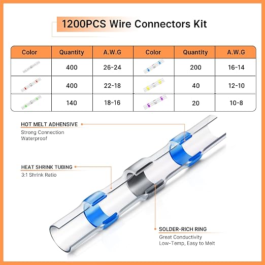 Kuject 1200PCS Solder Seal Wire Connectors Kit with Heat Gun 400℃/752℉ & Organizers, AWG 26-8 Waterproof Heat Shrink Butt Terminals, Solder Stick Connectors for Marine, Automotive and Truck Wiring