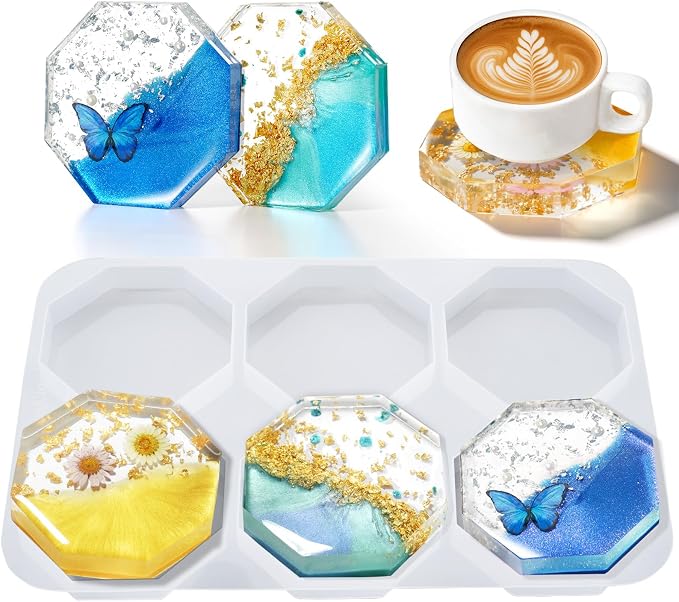 HeyClear Coaster Resin Molds Silicone, 6-Cavity Octagon Epoxy Resin Mold | for Crafts DIY Tray, Cup Coasters, Flower Bouquet Preservation, Resin Art, Home Decoration, Flexible, Easy to Clean & Demold