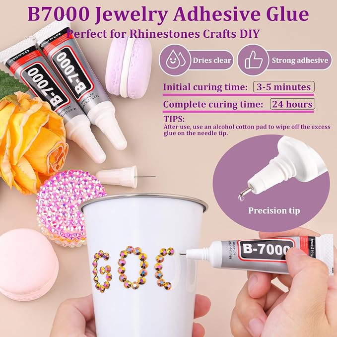 Resin Jelly Rhinestones for Crafting with B7000 Jewelry Glue, 1 Box Gold Rose AB Flatback Crystal with 3Pcs 10ml Glue, Bedazzling Non Hotfix Gems for DIY Tumblers Clothing Shoes Manicure