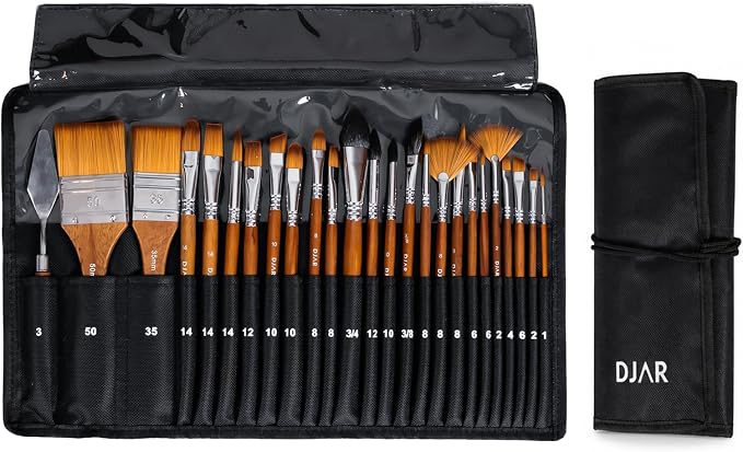 DJAR 25 Pcs Multi-Shape Nylon Paint Brush Set with Cloth Roll Bag