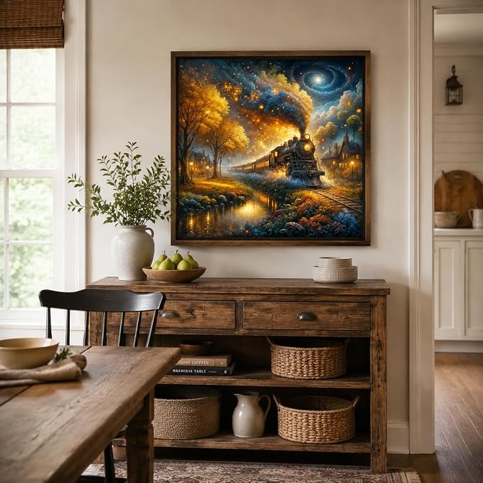 PINFFSHU 5D Diamond Painting Kits for Adults - Full Drill Fantasy Steam Train Autumn Forest, Starry Galaxy Night Sky Cozy Village, DIY Diamond Art Kit for Home Wall Decor Gift (13.78x13.78 inch)