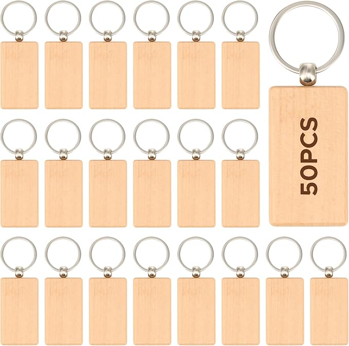 OMTech Wooden Keychain Blanks, Wood Key Chain Bulk, Unfinished Wooden Key Rings Key Tags for Laser Engraving DIY Craft Gift
