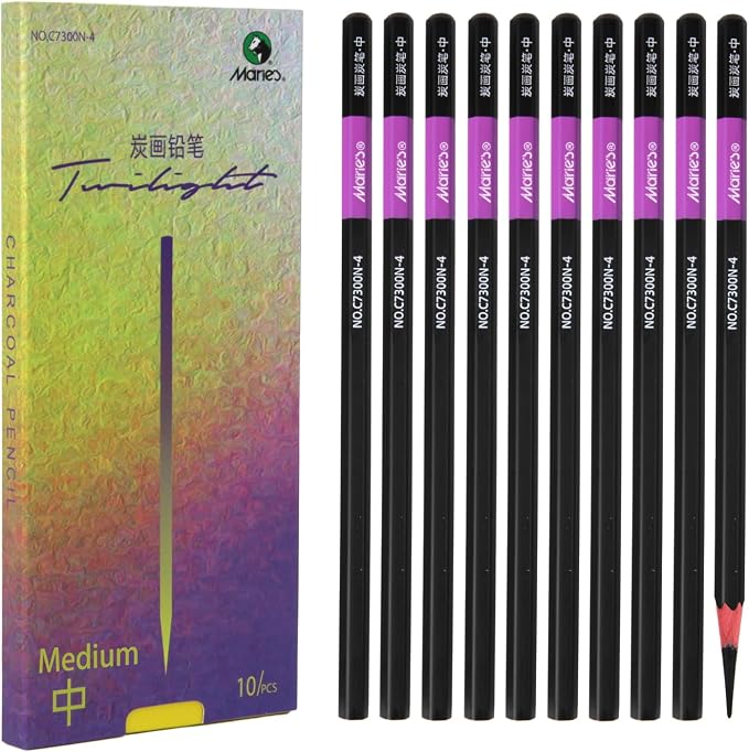 Marie's Charcoal Pencils for Drawing, 10 Pieces, Extra Hard Hard Medium Soft Extra Soft, Sketching Pencils for Artists, Smooth Charcoal Core for Layering, Blending and Detailed Artwork(Medium)