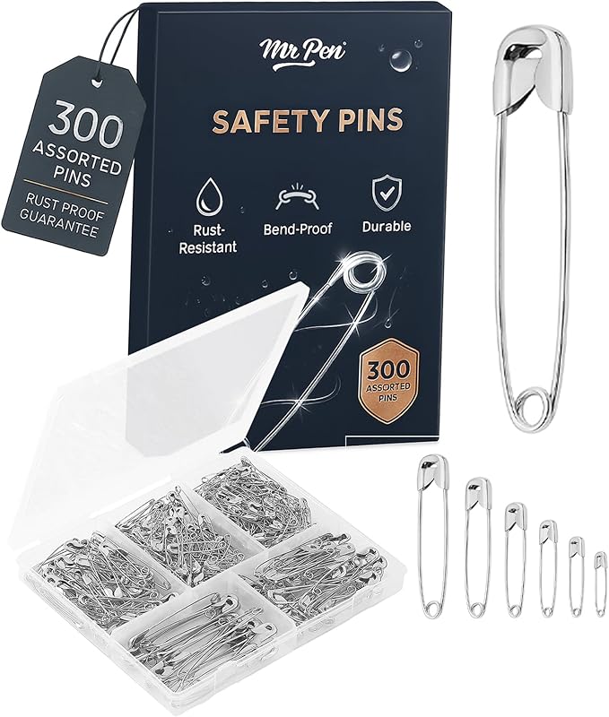 Mr. Pen- Safety Pins, 300 Pack, Small & Large Sizes, Nickel Plated Steel