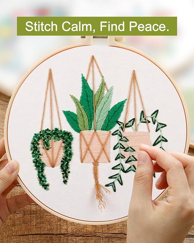 Santune 3 Sets Embroidery Kit for Beginners Needlepoint Cross Stitch Kits for Adults,Stitch Learning DIY Sets with Instruction Video,Stamped Floral Patterns,Hoop,Threads,Sewing Kit
