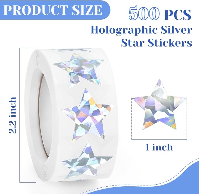 Imeepa 500PCS Holographic Silver Star Stickers, 1" Reward Labels